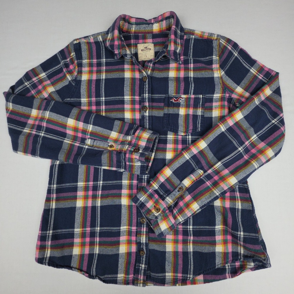 Hollister Plaid Flannel Button Down Shirt Women Large Navy Pink Check Cotton